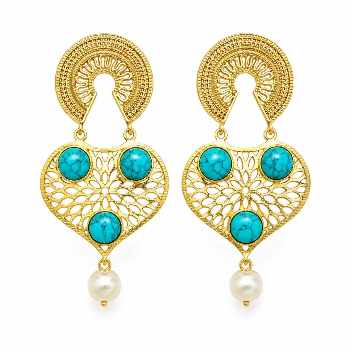 Gold Plated Blue Howlite Agate Dangle Earrings - Hypoallergenic Brass Design - Gift Bag Included