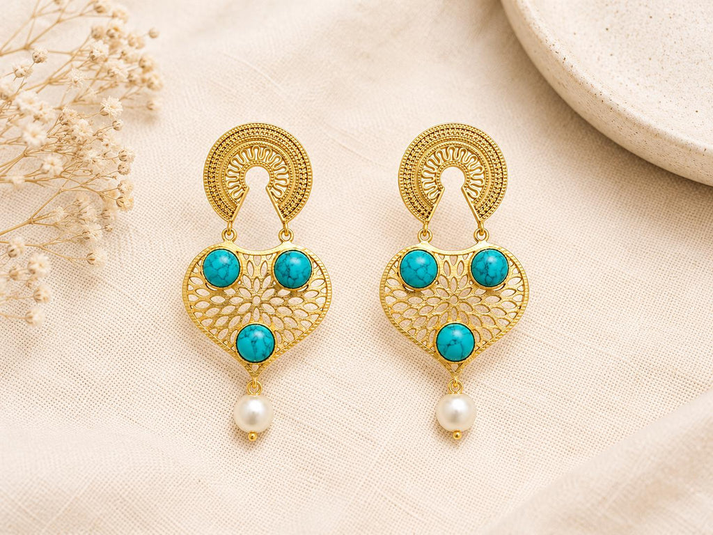 Gold Plated Blue Howlite Agate Dangle Earrings - Hypoallergenic Brass Design - Gift Bag Included