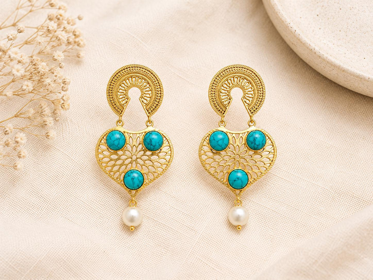 Gold Plated Blue Howlite Agate Dangle Earrings - Hypoallergenic Brass Design - Gift Bag Included