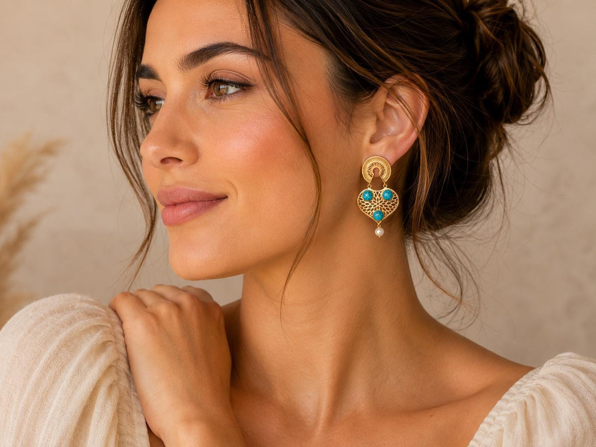 Gold Plated Blue Howlite Agate Dangle Earrings - Hypoallergenic Brass Design - Gift Bag Included