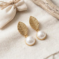Gold Plated Leaf Pearl Dangle Earrings – Turkish Hypoallergenic Brass Jewelry
