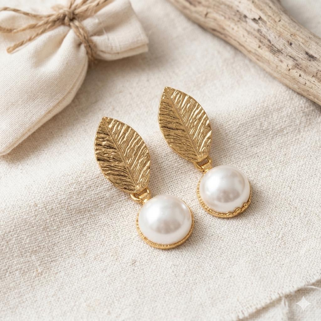 Gold Plated Leaf Pearl Dangle Earrings – Turkish Hypoallergenic Brass Jewelry