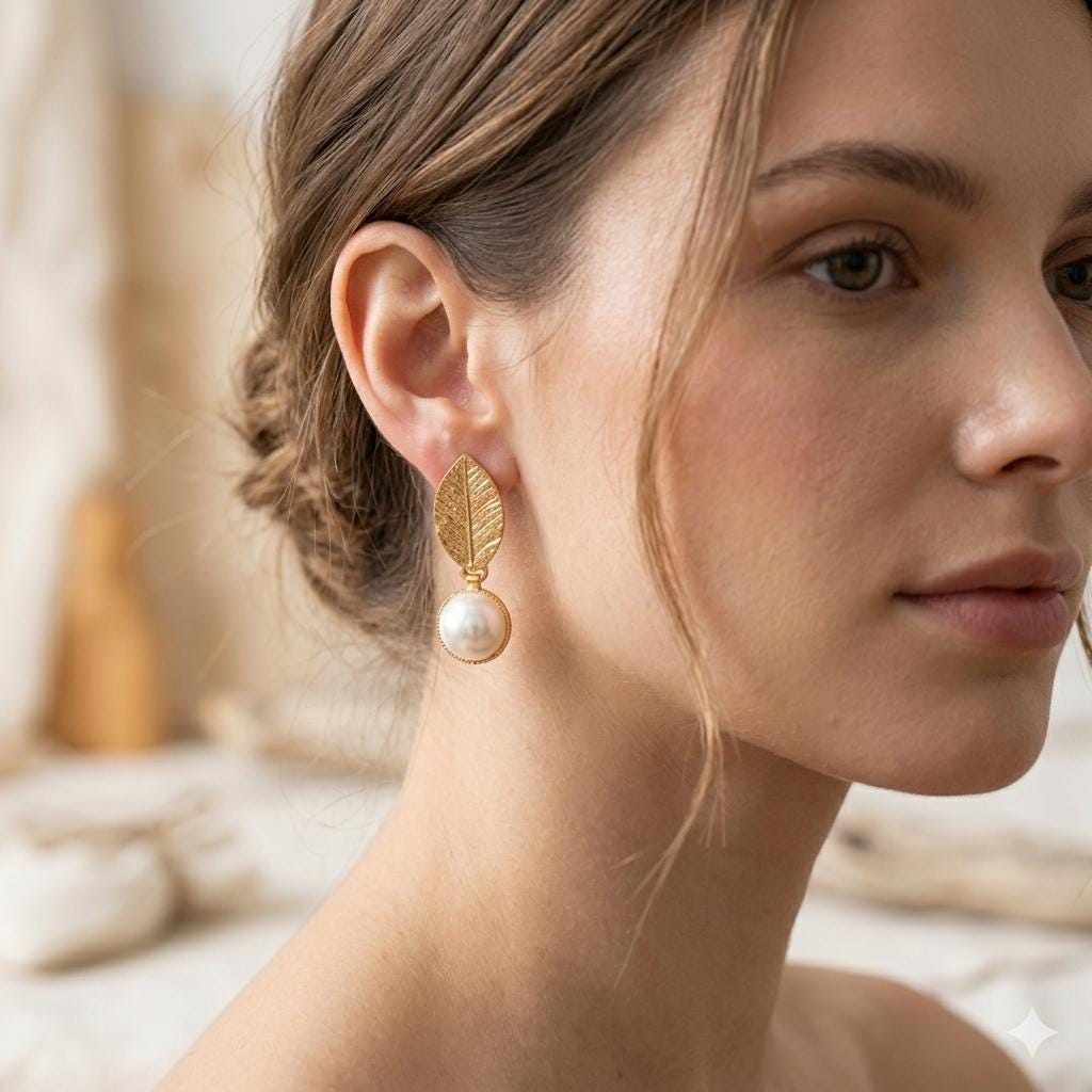Gold Plated Leaf Pearl Dangle Earrings – Turkish Hypoallergenic Brass Jewelry