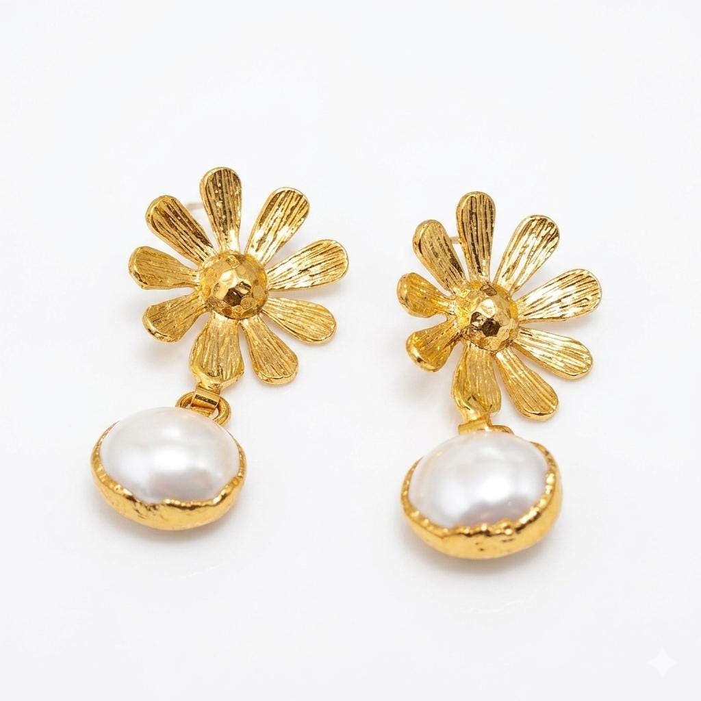 Gold Plated Daisy Earrings, Pearl Dangle, Handmade Flower Jewelry