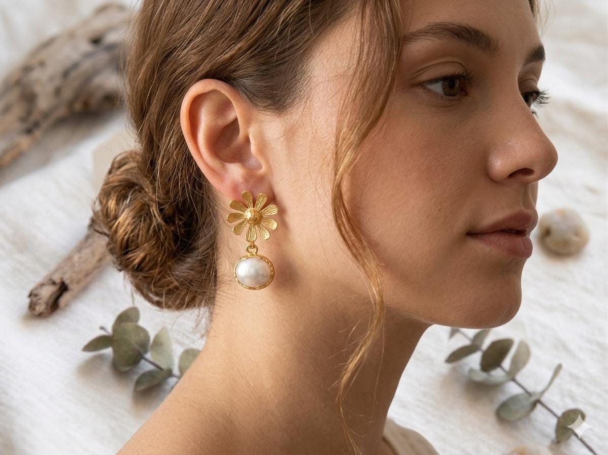 Gold Plated Daisy Earrings, Pearl Dangle, Handmade Flower Jewelry