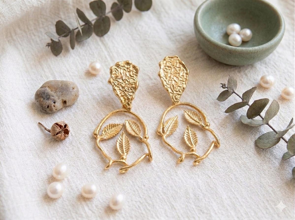 Gold Plated Teardrop Dangle Earrings, Turkish Leaves Chandelier Earrings