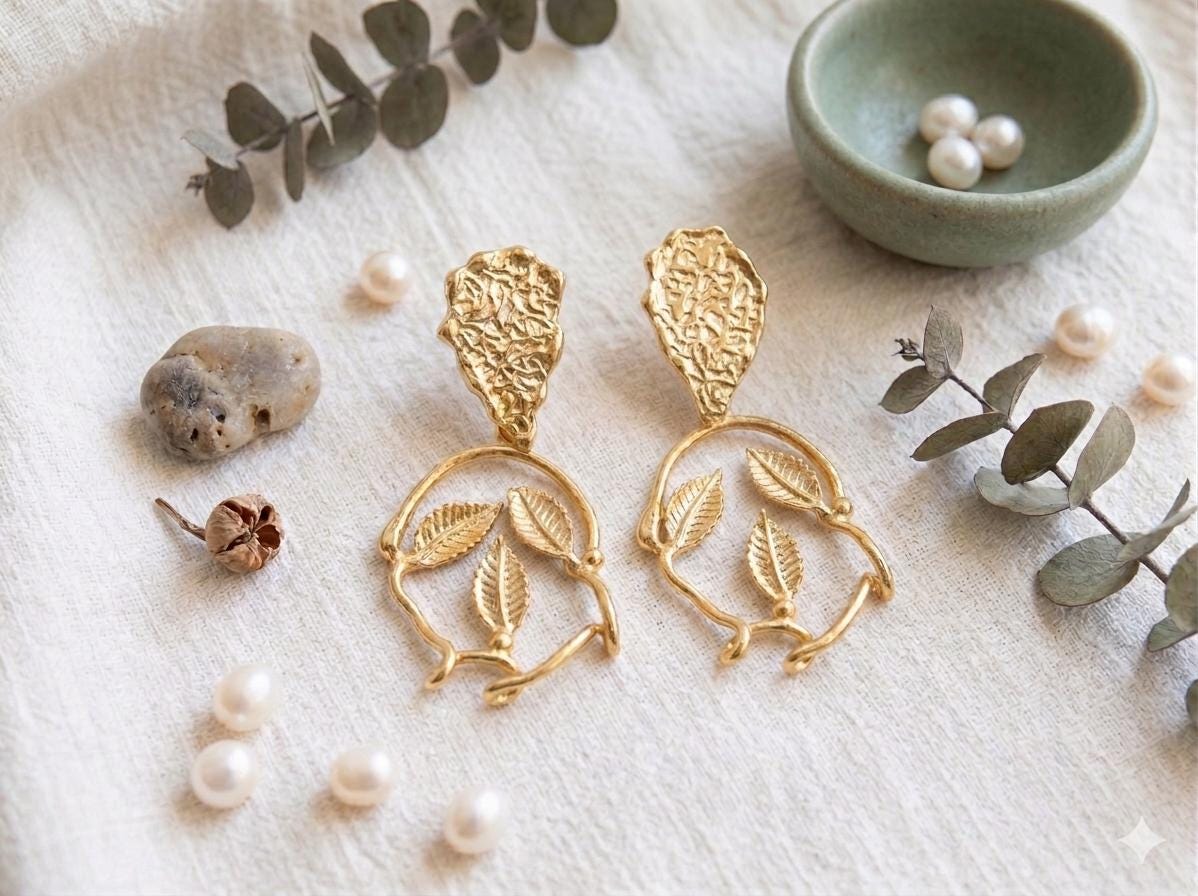 Gold Plated Teardrop Dangle Earrings, Turkish Leaves Chandelier Earrings