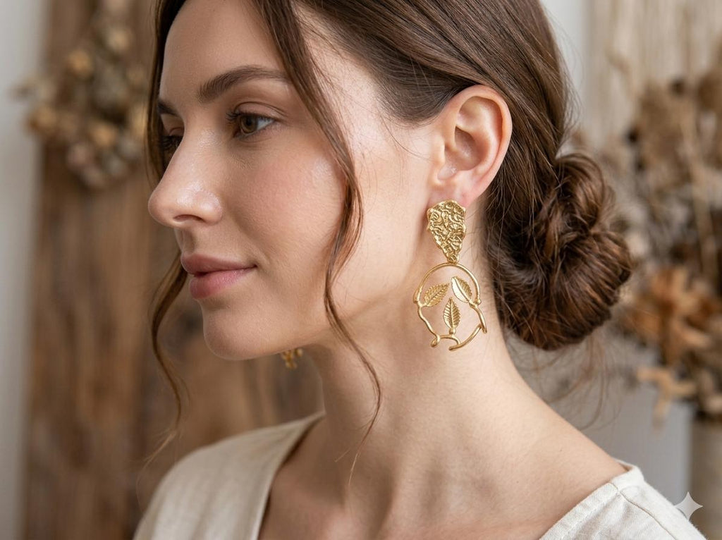 Gold Plated Teardrop Dangle Earrings, Turkish Leaves Chandelier Earrings