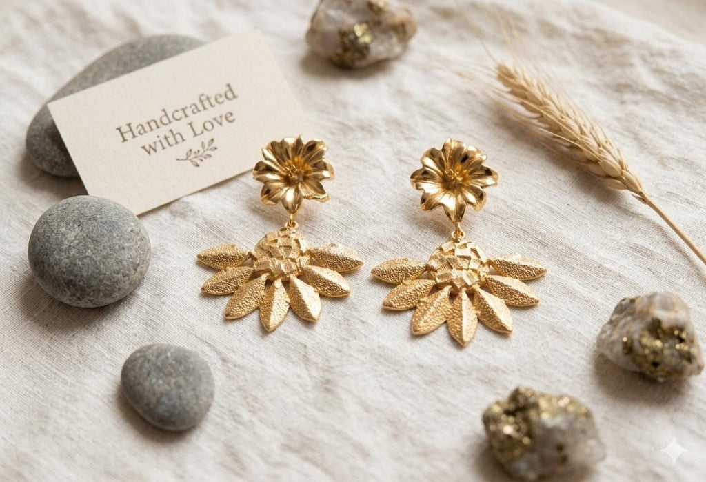 Gold Plated Flower Chandelier Earrings, Hammered Boho Jewelry