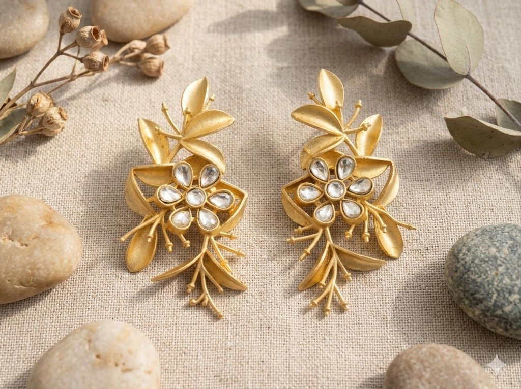 Exquisite Gold Plated Flower Crystal Chandelier Earrings with Leaves - Hypoallergenic, Gift Packaging Included