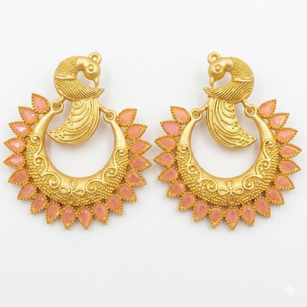 Gold Plated Peacock Hoop Earrings, Jade Stone Dangle Earrings