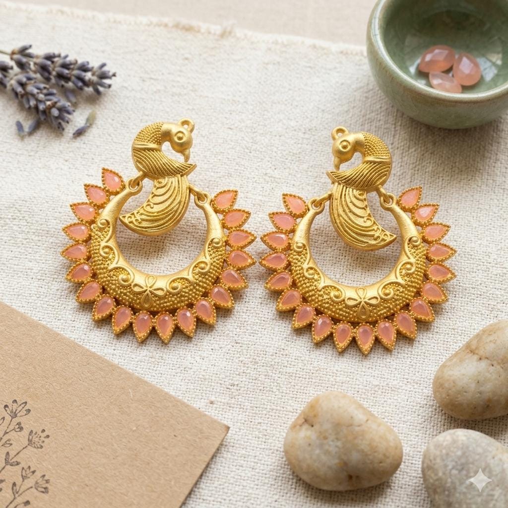 Gold Plated Peacock Hoop Earrings, Jade Stone Dangle Earrings