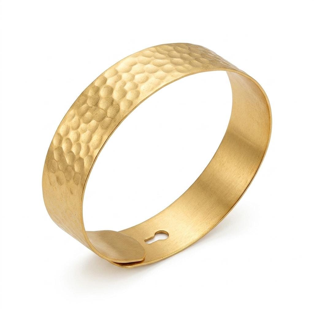 Hammered Gold Plated Brass Bangle Bracelet, Turkish Design, Adjustable Cuff, Matte Finish