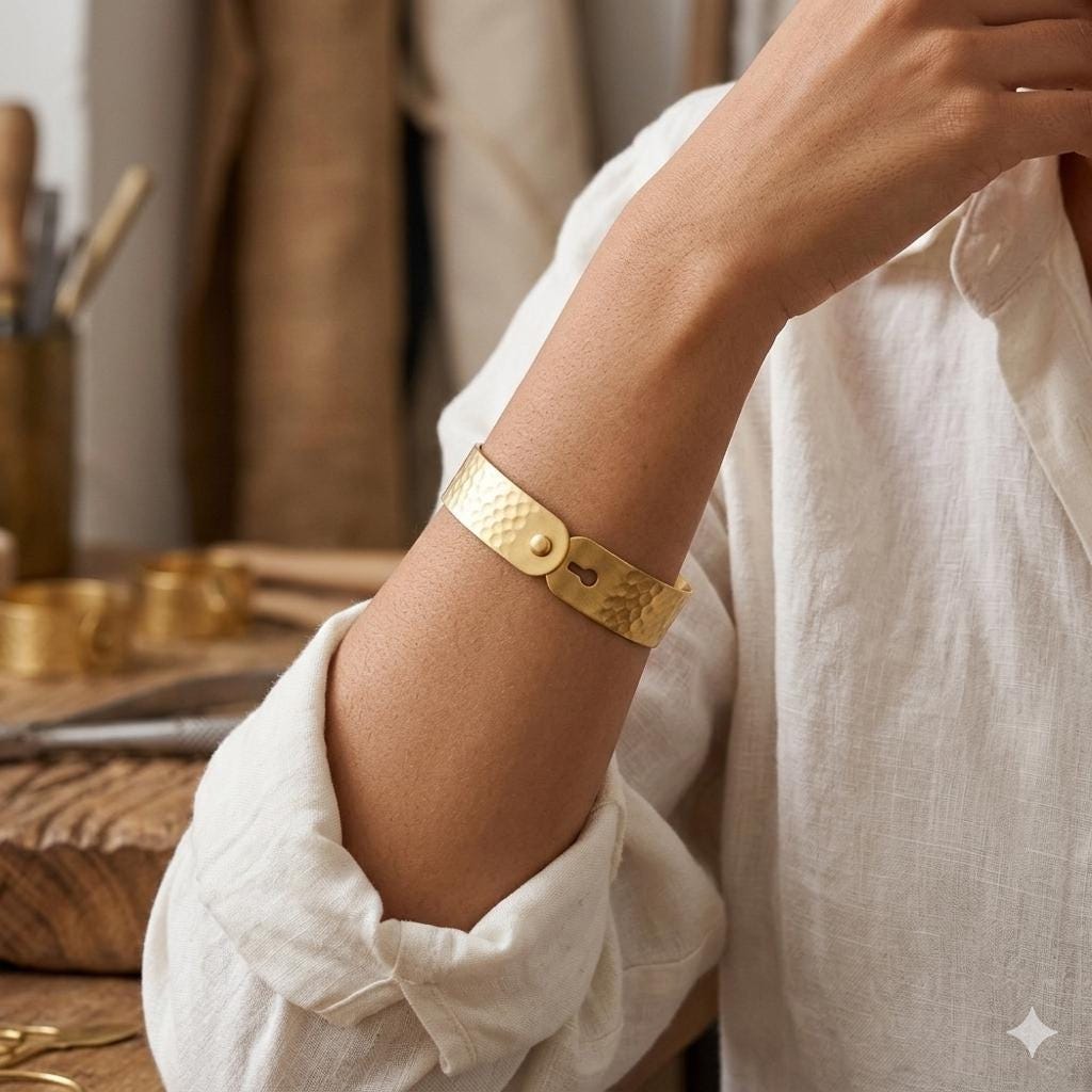 Hammered Gold Plated Brass Bangle Bracelet, Turkish Design, Adjustable Cuff, Matte Finish
