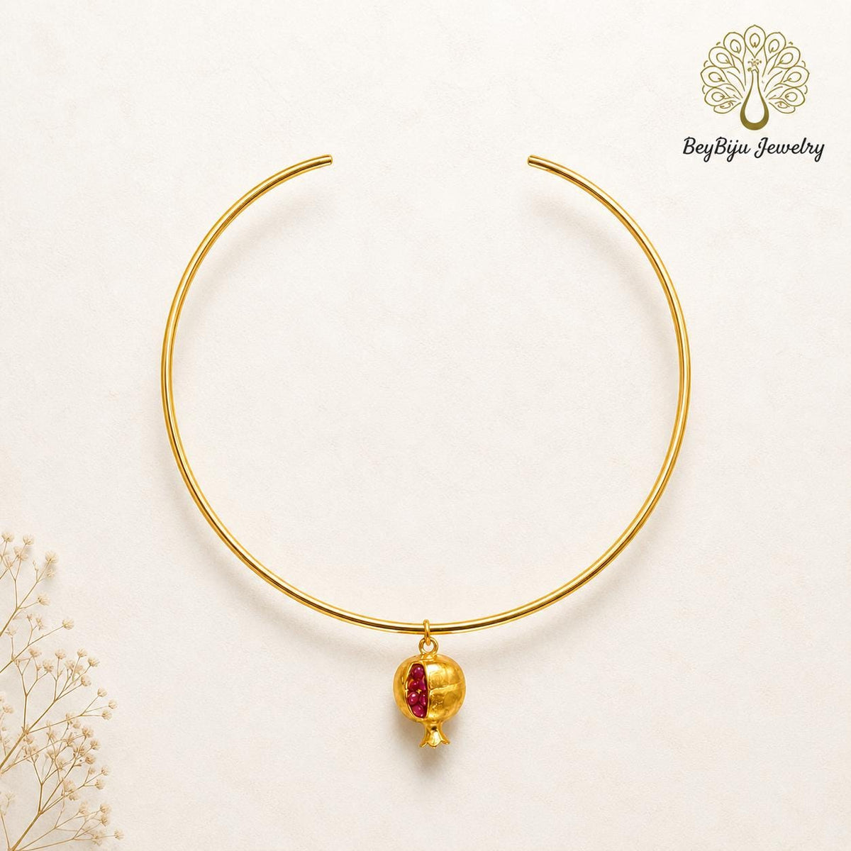 Handcrafted Turkish Jewelry: Intricate Pomegranate Choker with Gold Plated Charm and Pulished Brass Torc