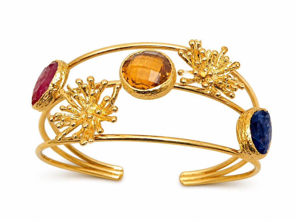 Gold Plated Brass Cuff Bracelet, Smoky Topaz, Blue Orange Eye Gemstones, Turkish Style Bangle