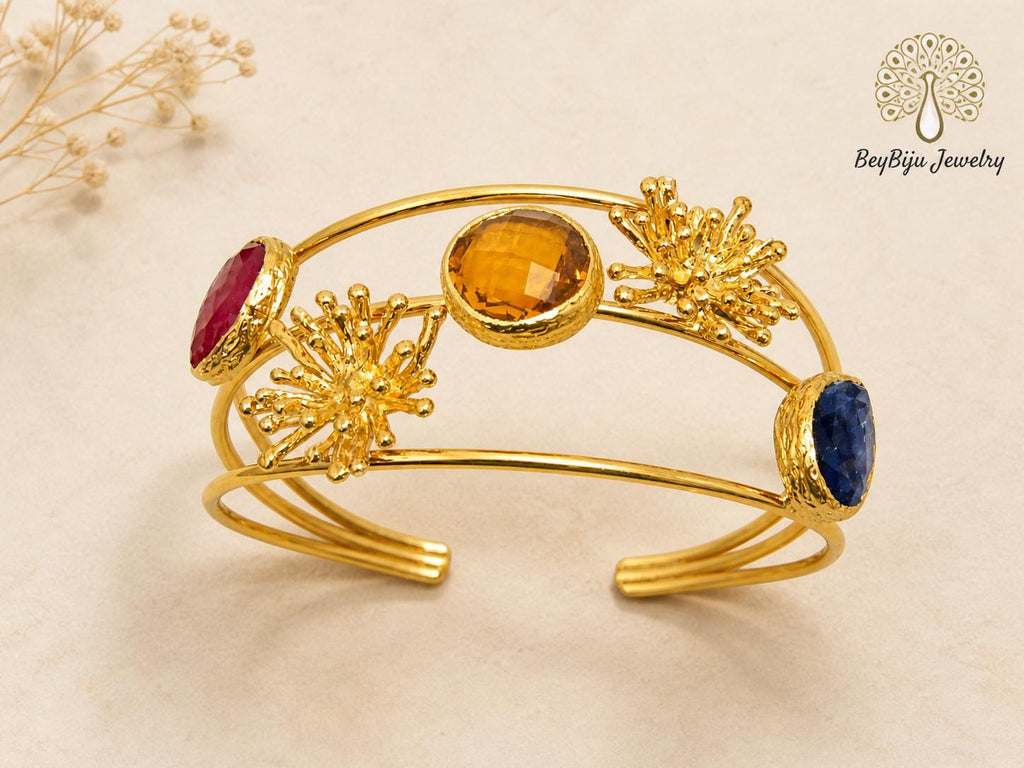 Gold Plated Brass Cuff Bracelet, Smoky Topaz, Blue Orange Eye Gemstones, Turkish Style Bangle