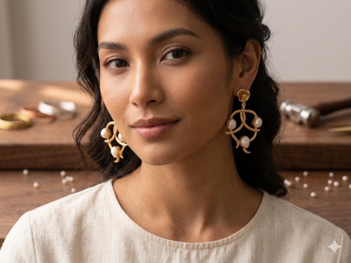 Gold Plated Pearl Dangle Earrings – Hypoallergenic Brass Design, Daily Wear Jewelry