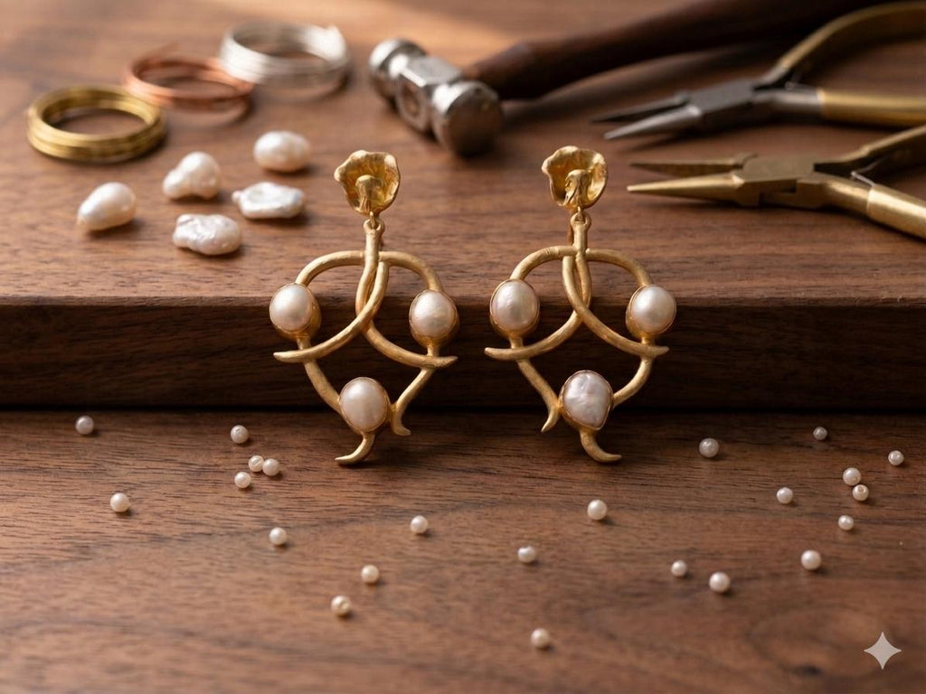Gold Plated Pearl Dangle Earrings – Hypoallergenic Brass Design, Daily Wear Jewelry