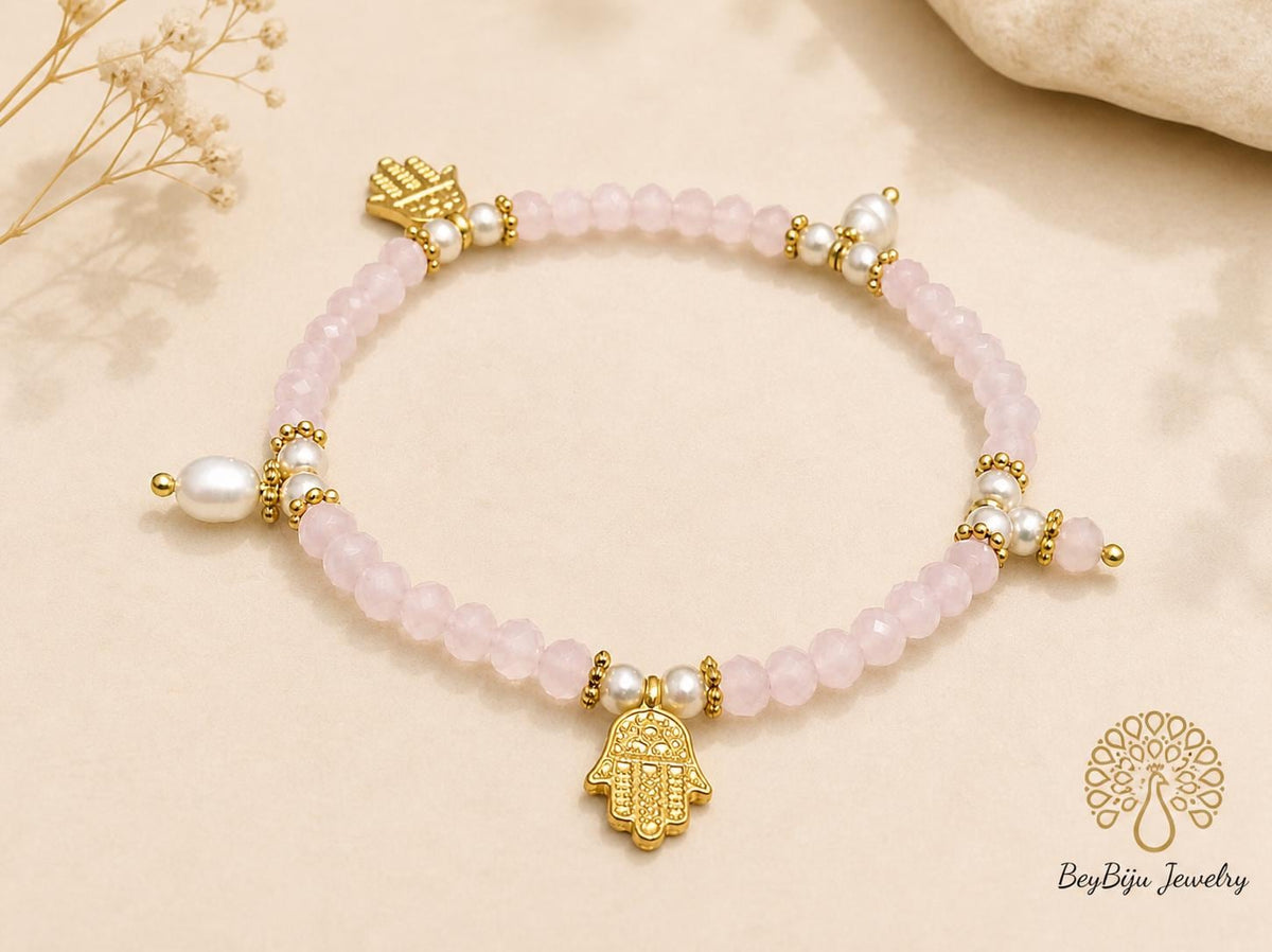 Elegant Gold Plated Hand of Fatima Rose Crystal Pearl Cuff Bracelet