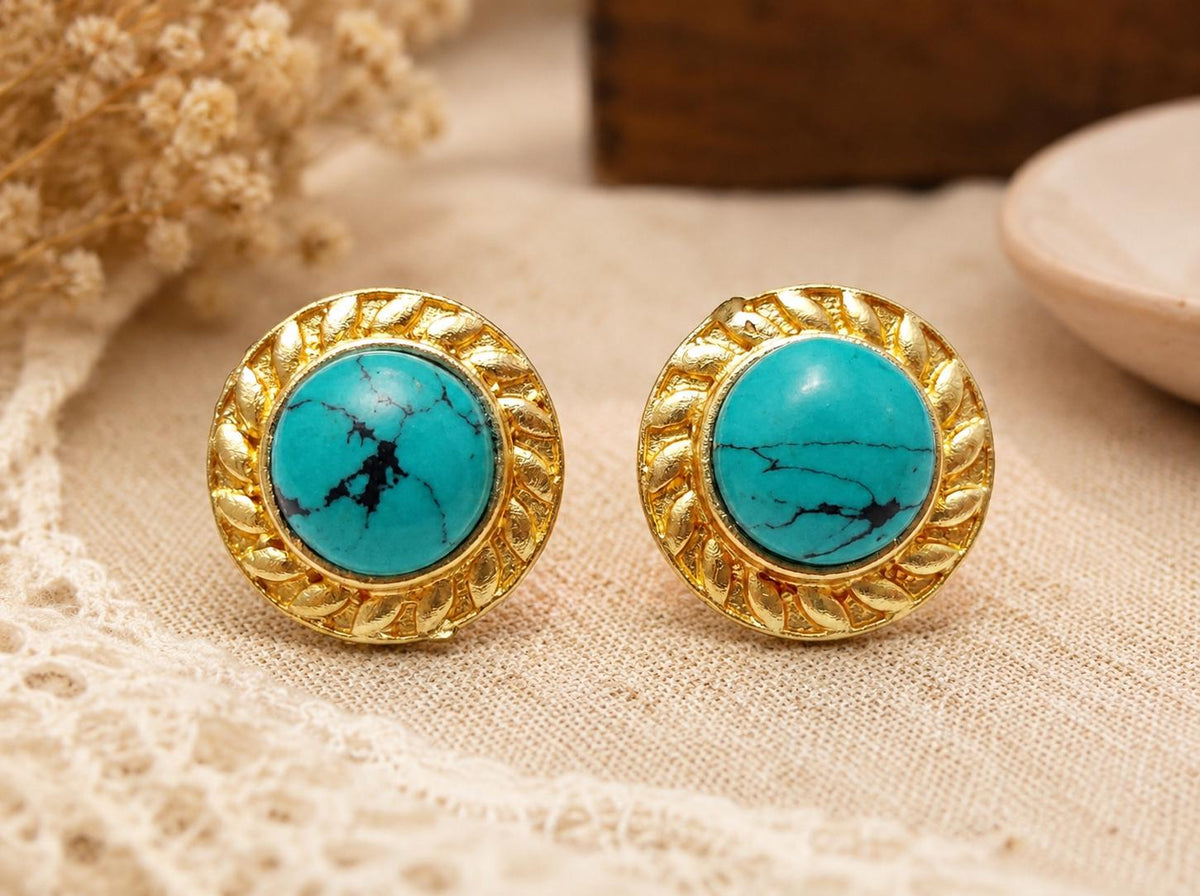Blue Howlite Stud Earrings, Gold Plated Brass, Hypoallergenic