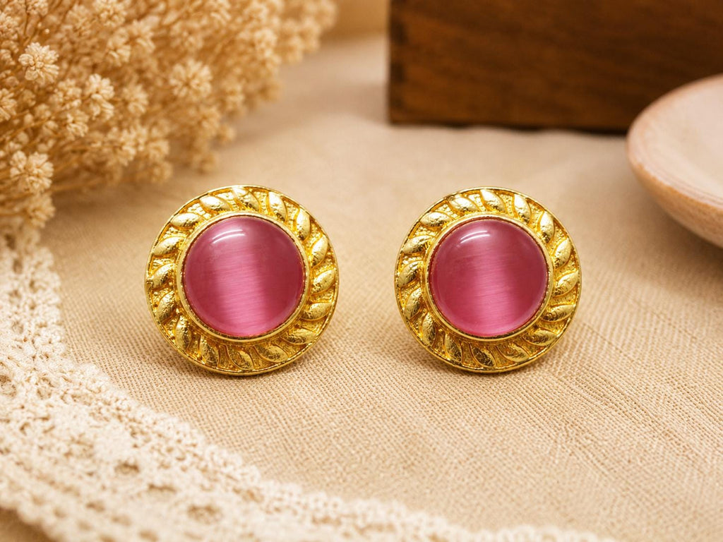 Gold Plated Brass Stud Earrings with Pink Cat Eye - Hypoallergenic, Gift Packaging Included