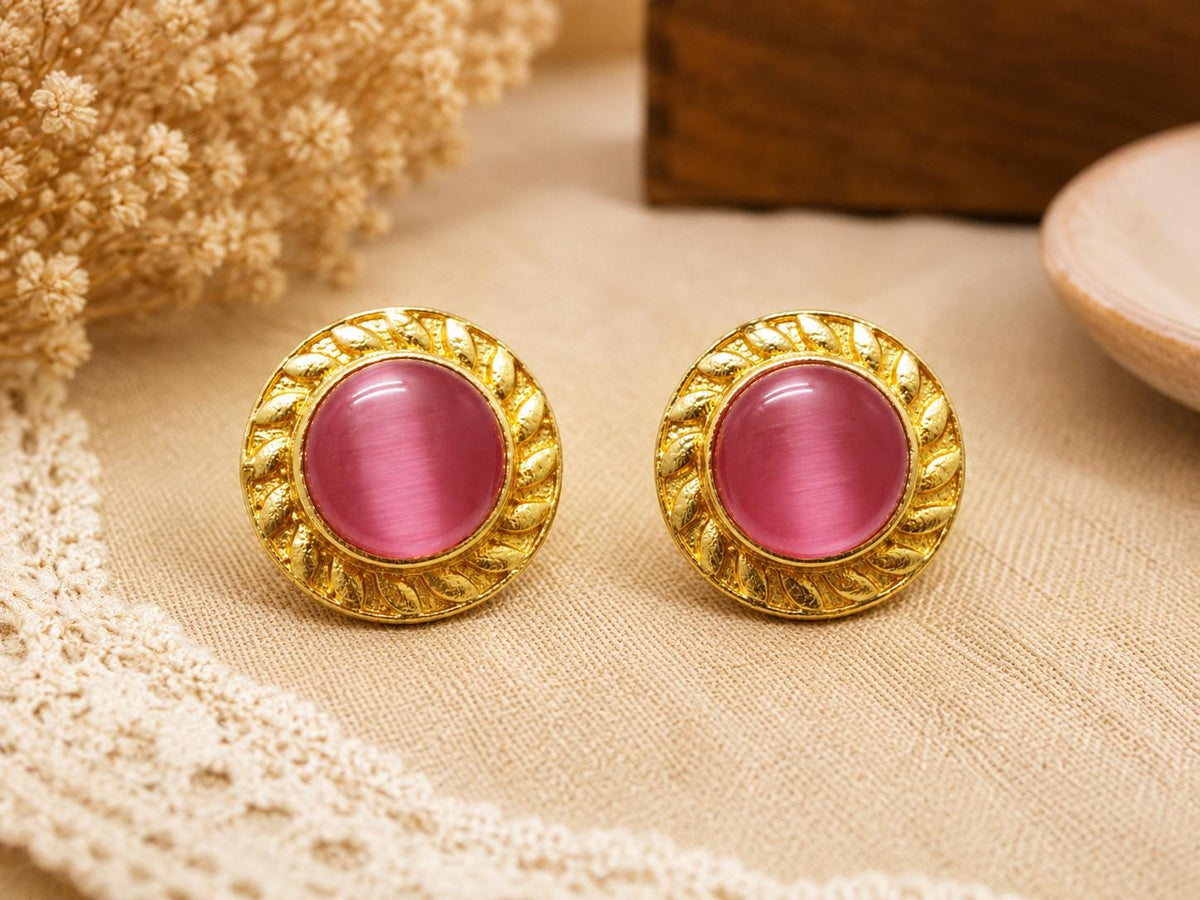 Gold Plated Brass Stud Earrings with Pink Cat Eye - Hypoallergenic, Gift Packaging Included