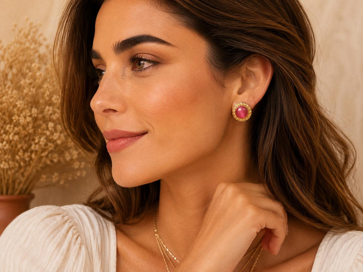 Gold Plated Brass Stud Earrings with Pink Cat Eye - Hypoallergenic, Gift Packaging Included