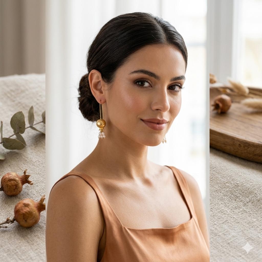 Turkish Pomegranate Pearl Earrings, Gold Plated Bronze, Boho Chic