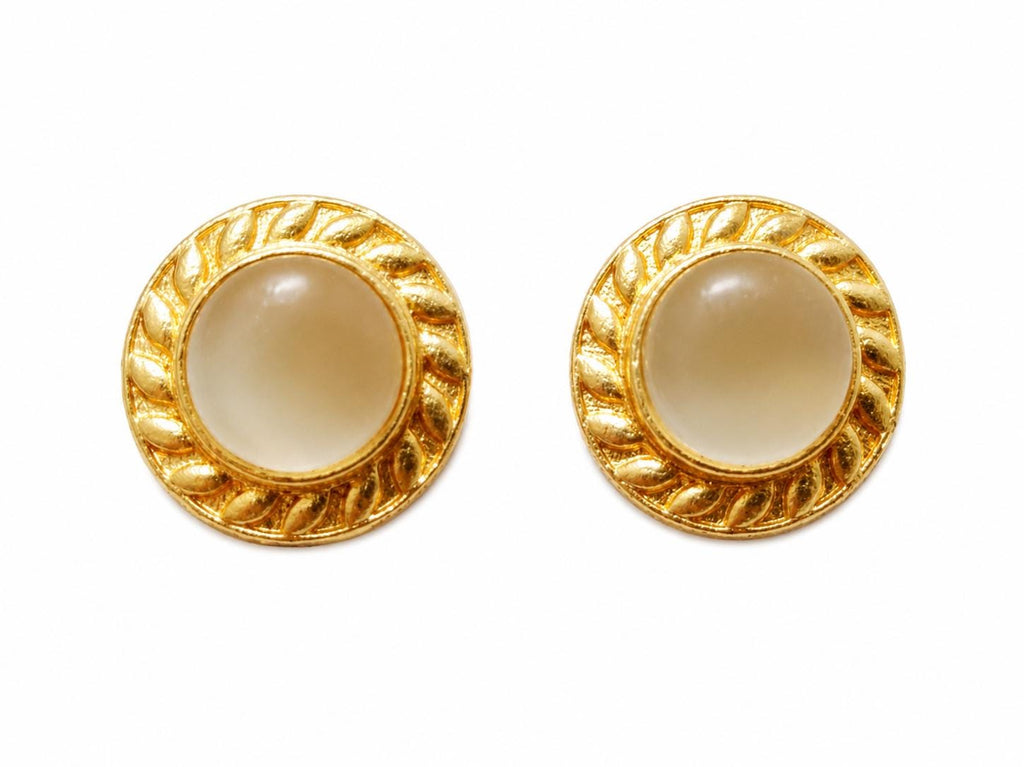 White Cat Eye Stud Earrings, Gold Plated Brass, Dainty Round Posts
