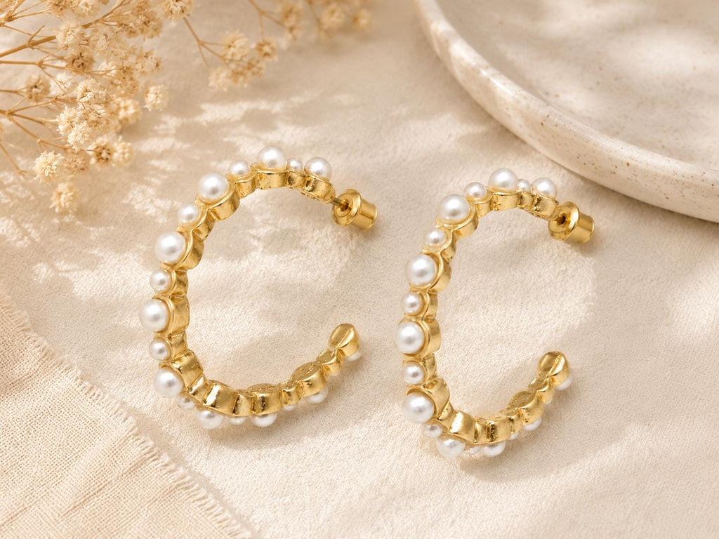 Gold Plated Pearl Hoop Earrings with Hypoallergenic Brass - Turkish Artisan Jewelry for Bridesmaids