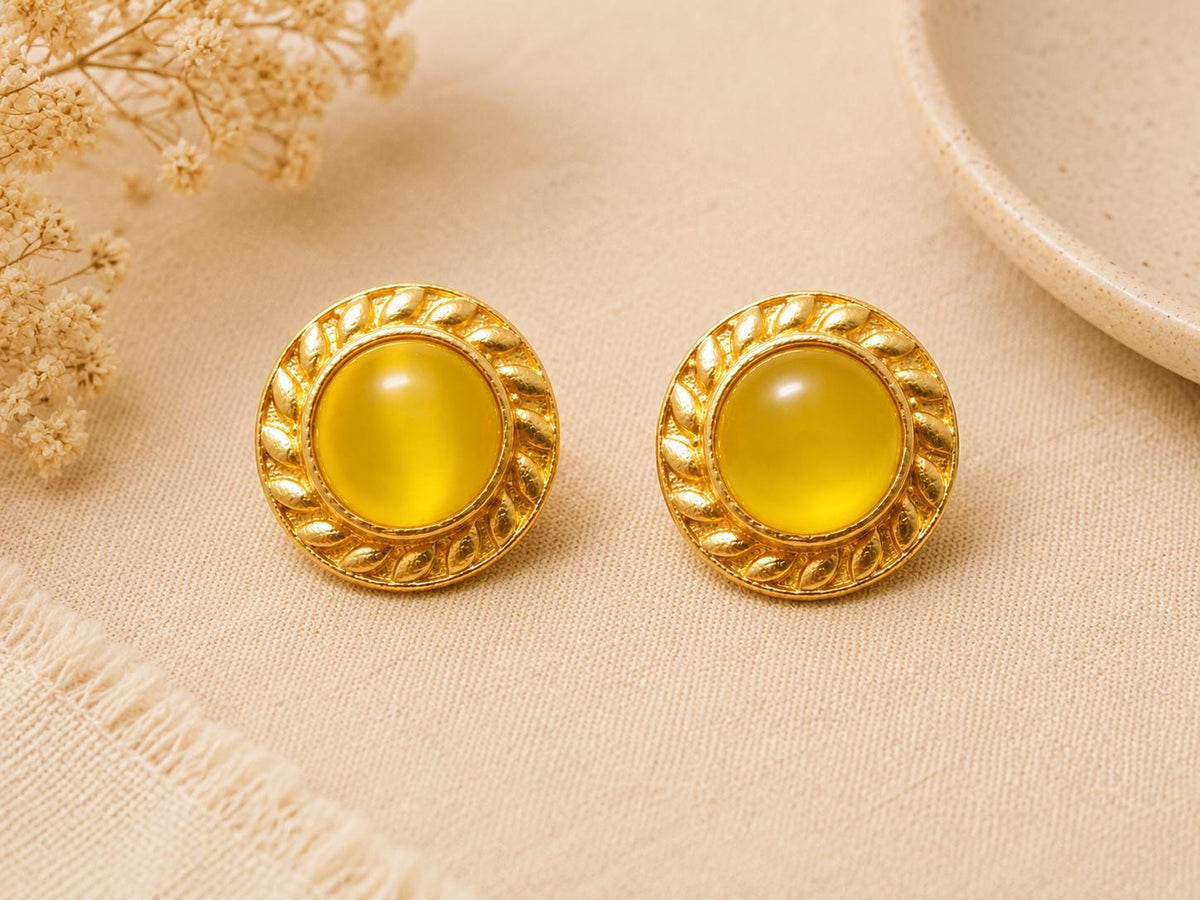 Dainty Yellow Cat Eye Stud Earrings, Gold Plated Brass