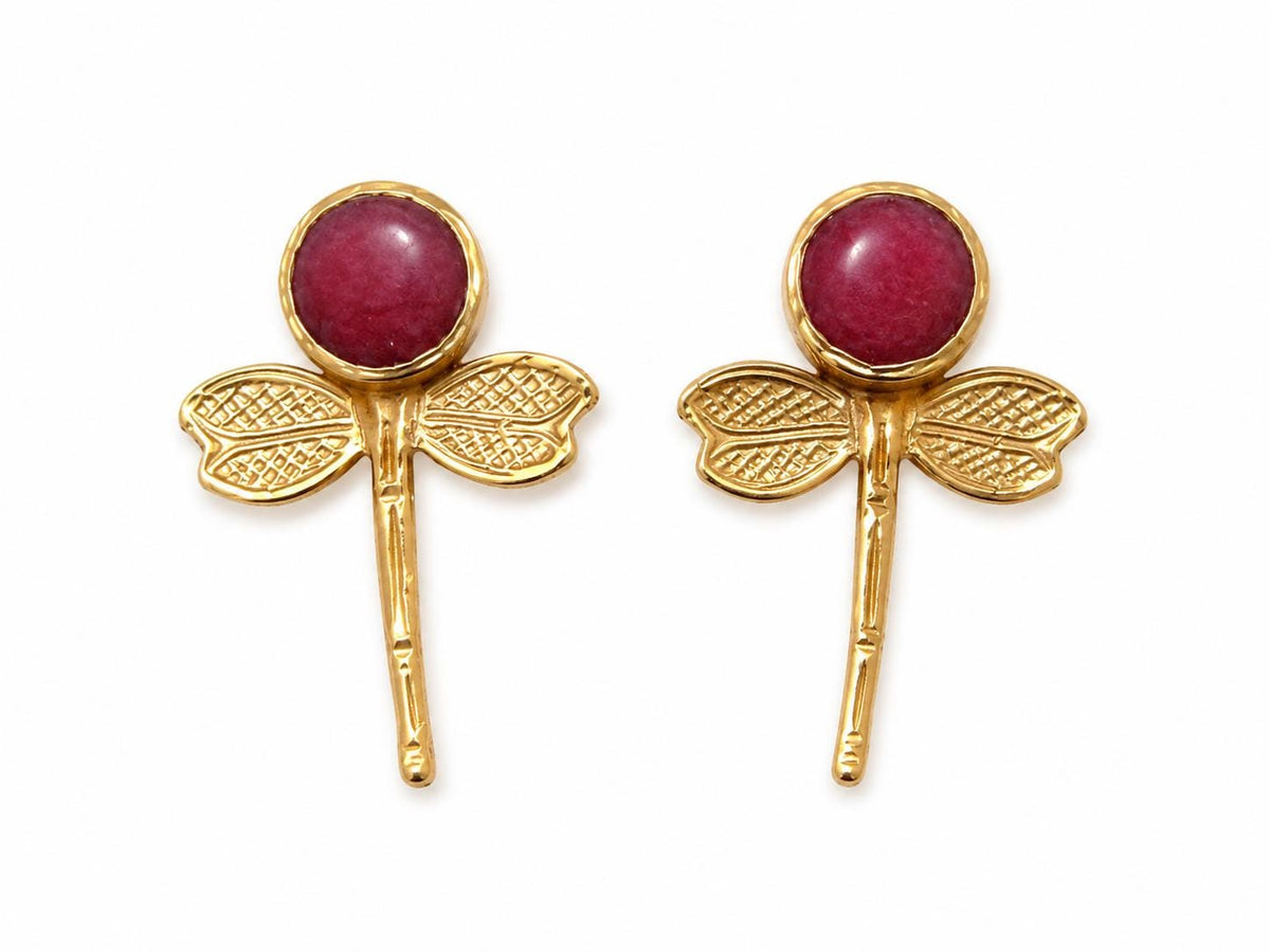 Gold Plated Ruby Jade Dragonfly Earrings - Turkish Gemstone Jewelry - Ottoman Style Antique Reproduction