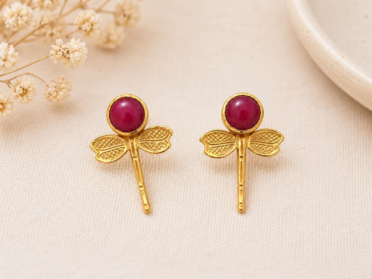 Gold Plated Ruby Jade Dragonfly Earrings - Turkish Gemstone Jewelry - Ottoman Style Antique Reproduction
