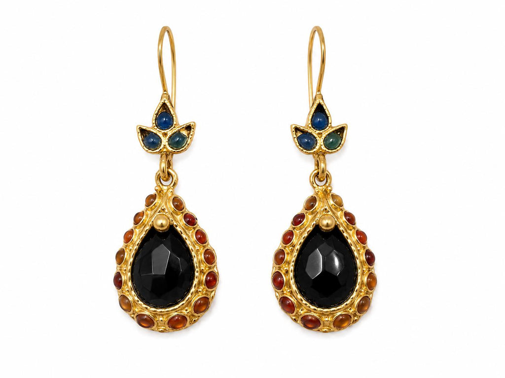 Vintage Teardrop Earrings, Black Jade Agate, Bronze Gold Plated
