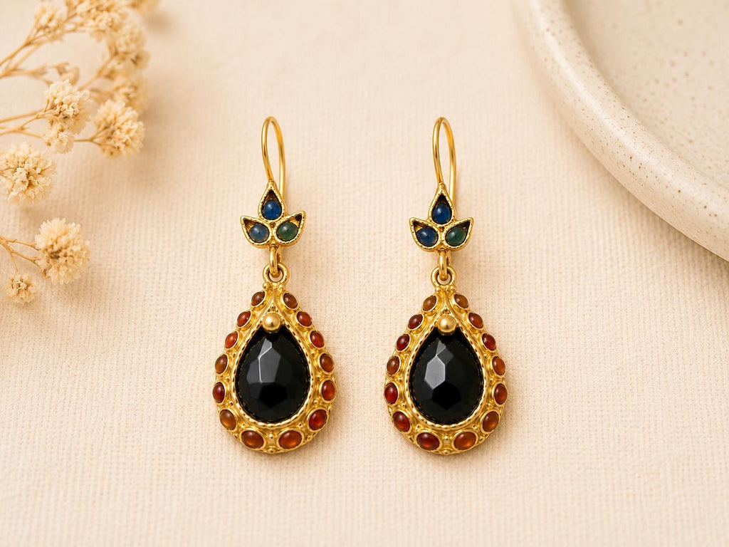 Vintage Teardrop Earrings, Black Jade Agate, Bronze Gold Plated