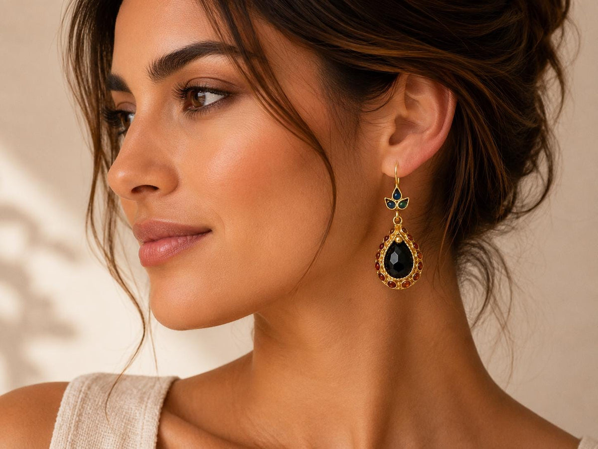 Vintage Teardrop Earrings, Black Jade Agate, Bronze Gold Plated
