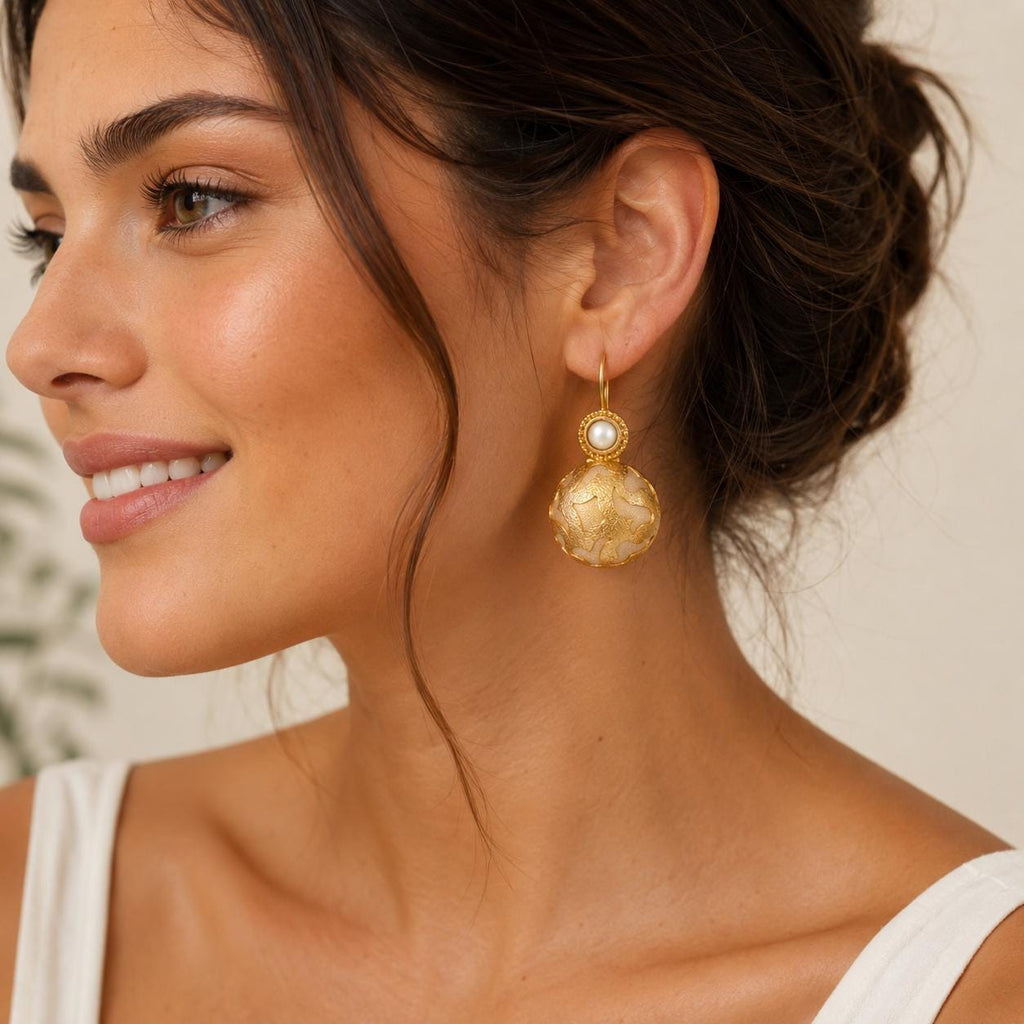 Ottoman Pearl Dangle Earrings, Turkish Beige Silk, Gold Plated