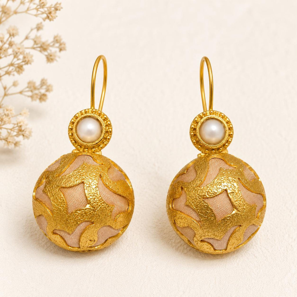 Ottoman Pearl Dangle Earrings, Turkish Beige Silk, Gold Plated