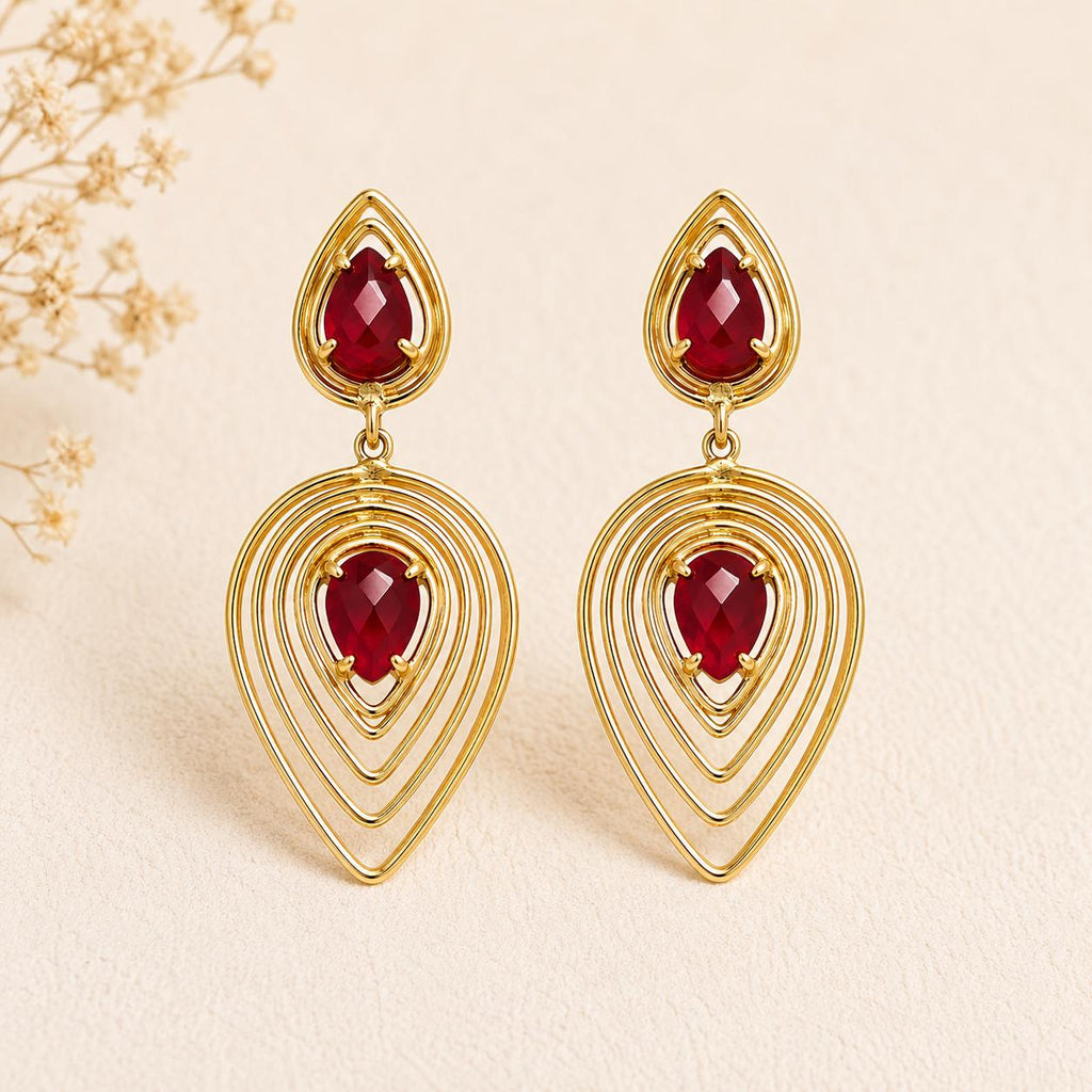 Boho Chic Garnet Drop Earrings, Gold Plated Brass, Hypoallergenic, Gift Bag Included
