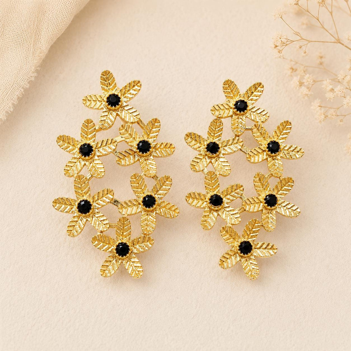 Gold Flower Earrings with Black Agate: Boho Floral Brass Jewelry