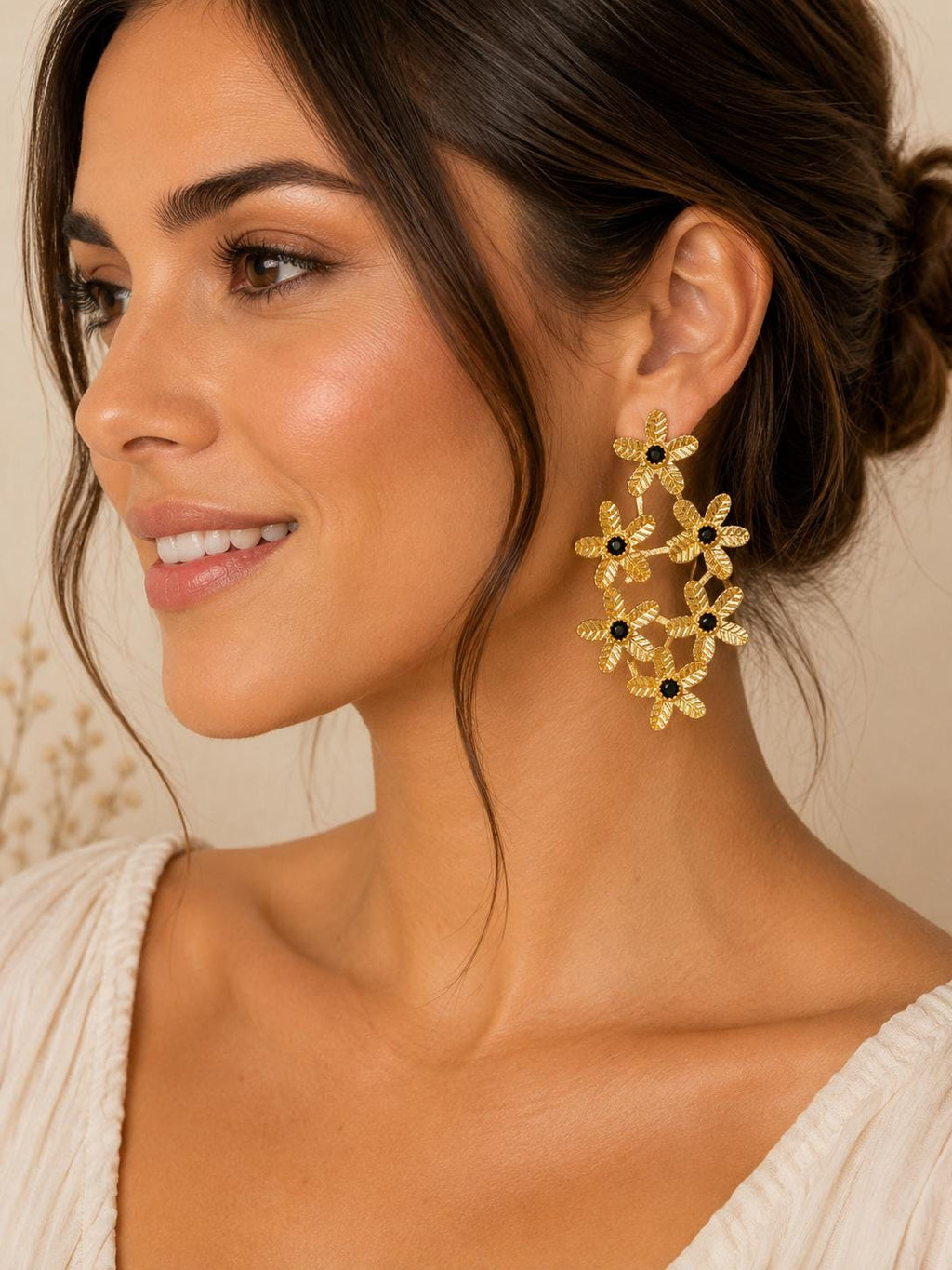 Gold Flower Earrings with Black Agate: Boho Floral Brass Jewelry
