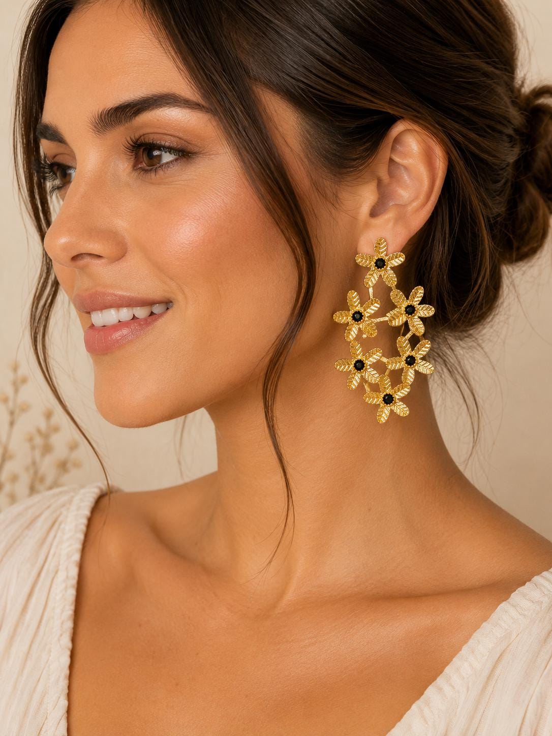 Gold Flower Earrings with Black Agate: Boho Floral Brass Jewelry