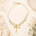 Gold Plated Dragonfly Necklace, Real Pearl, White Jade, Cat Eye, Symbol of Prosperity
