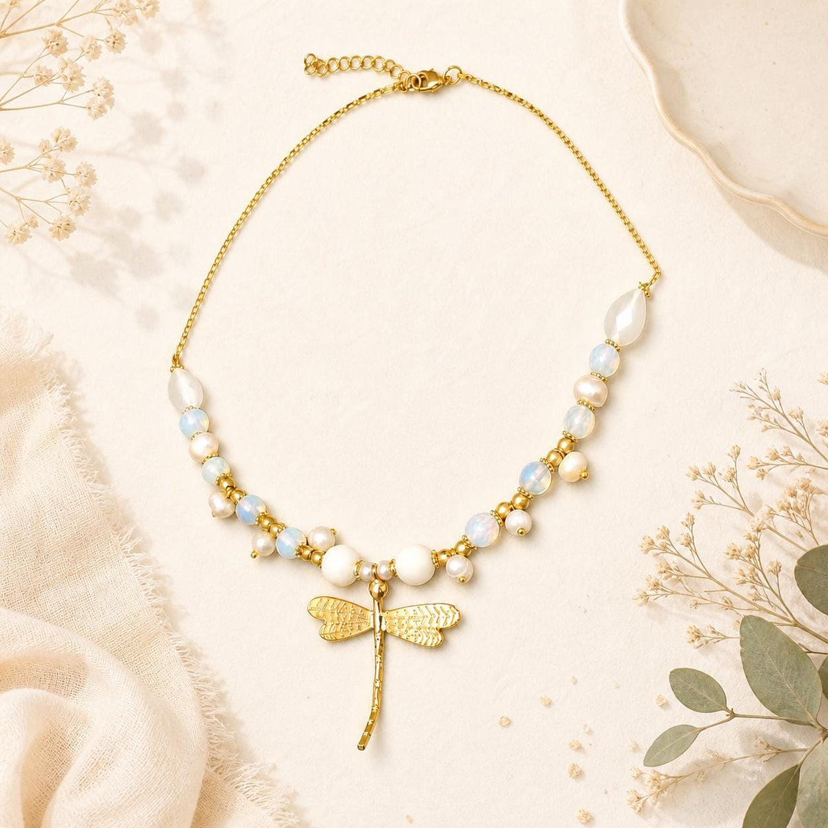 Gold Plated Dragonfly Necklace, Real Pearl, White Jade, Cat Eye, Symbol of Prosperity