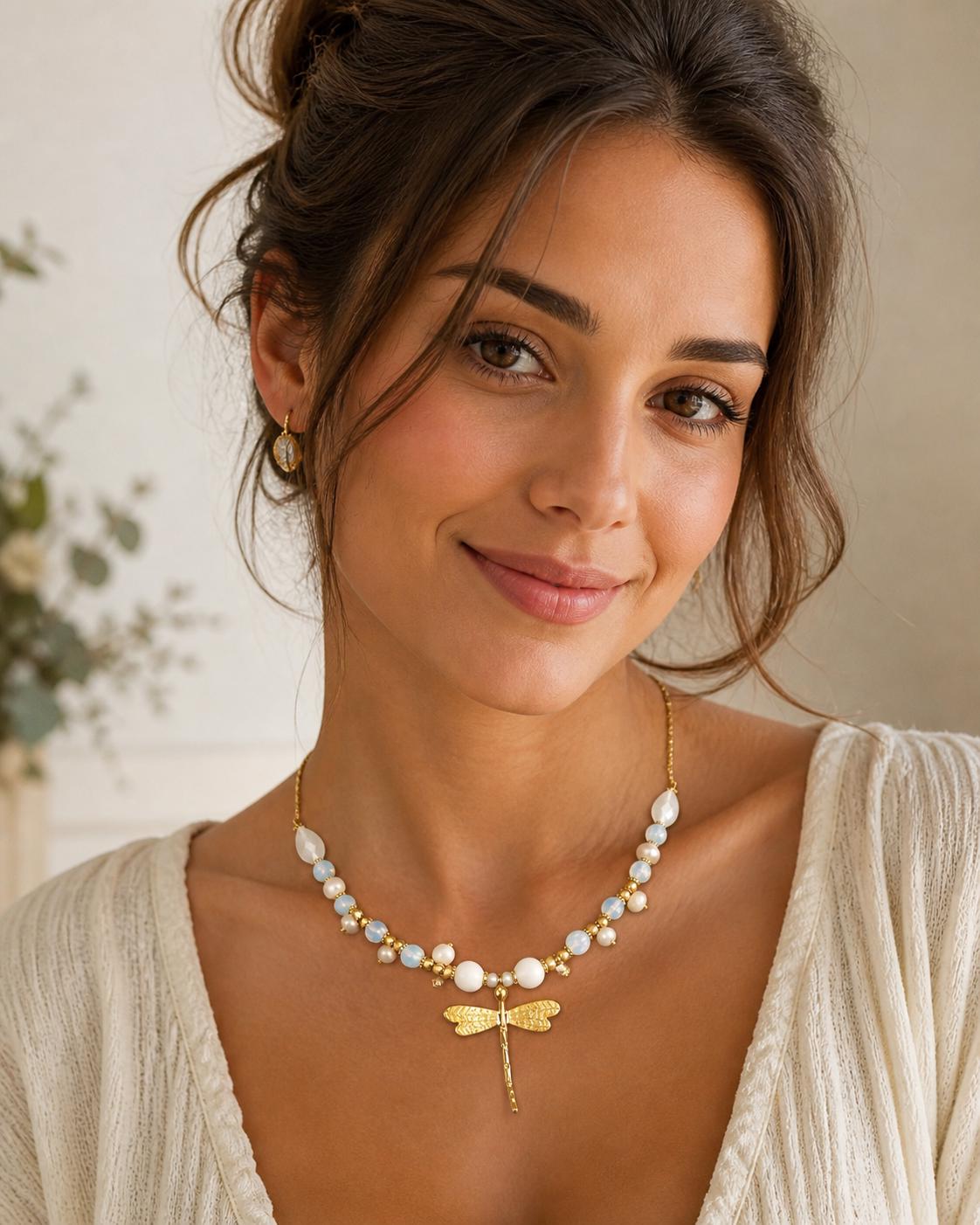 Gold Plated Dragonfly Necklace, Real Pearl, White Jade, Cat Eye, Symbol of Prosperity