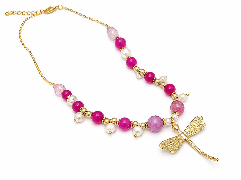Gold Plated Brass Dragonfly Necklace, Rose Quartz, Agate, Pearl Beads, Prosperity Symbol