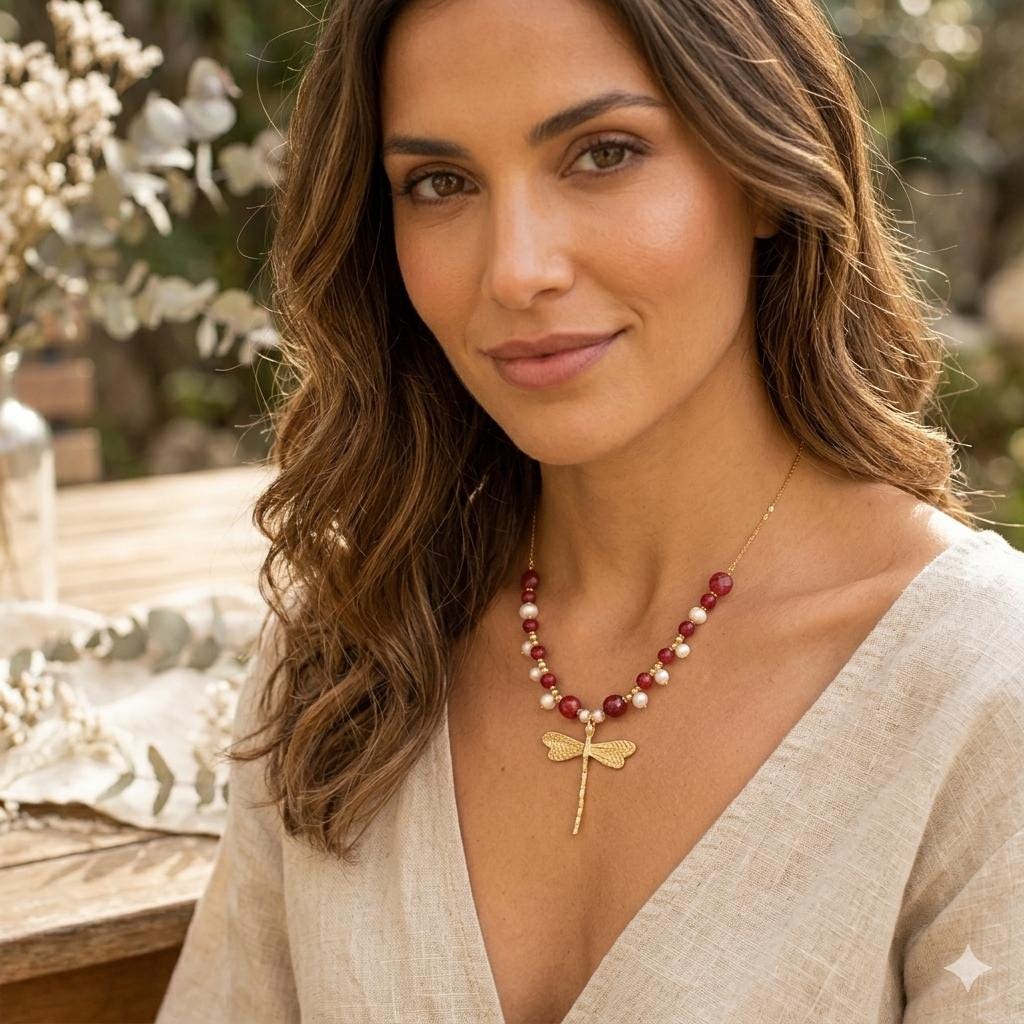 Elegant Dragonfly Necklace with Pearl, Ruby Jade & Garnet Quartzite - Turkish Jewelry