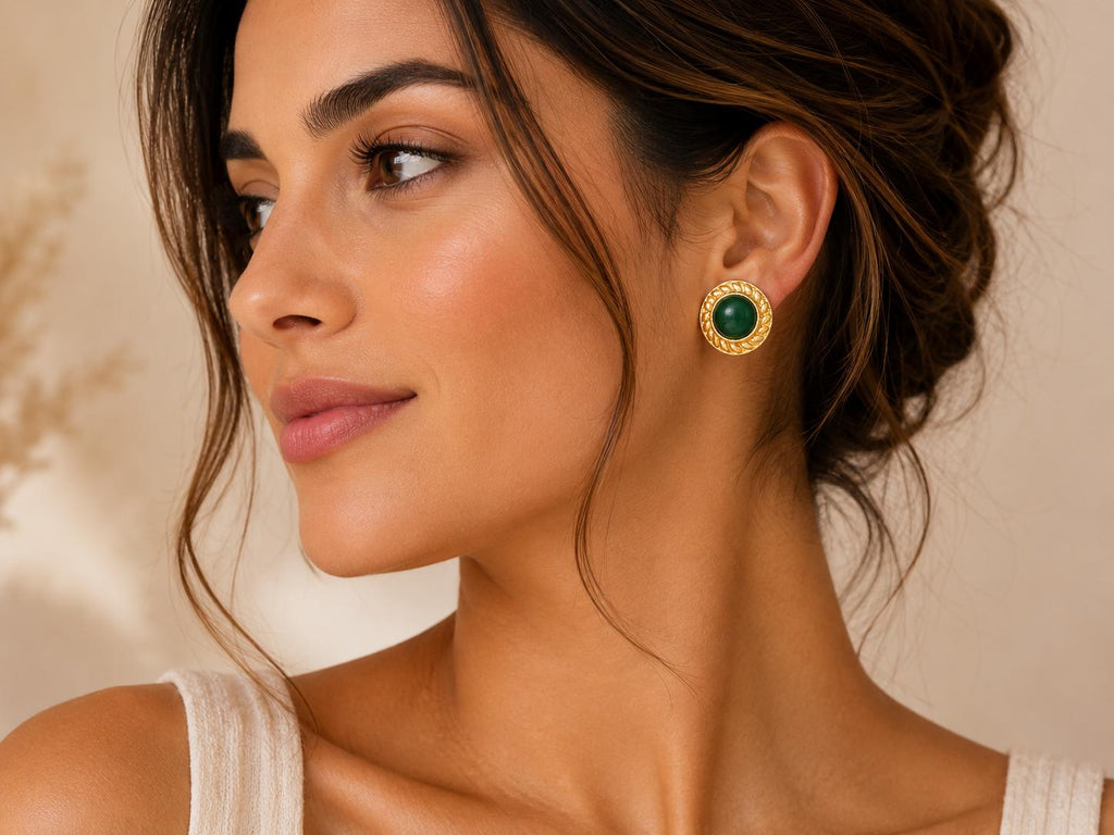 Green Agate Stud Earrings, Gold Plated Brass, Artisan Jewelry