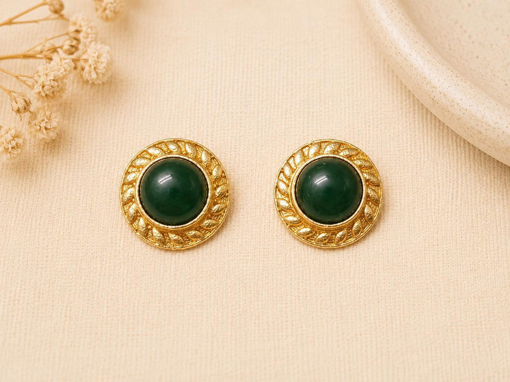 Green Agate Stud Earrings, Gold Plated Brass, Artisan Jewelry